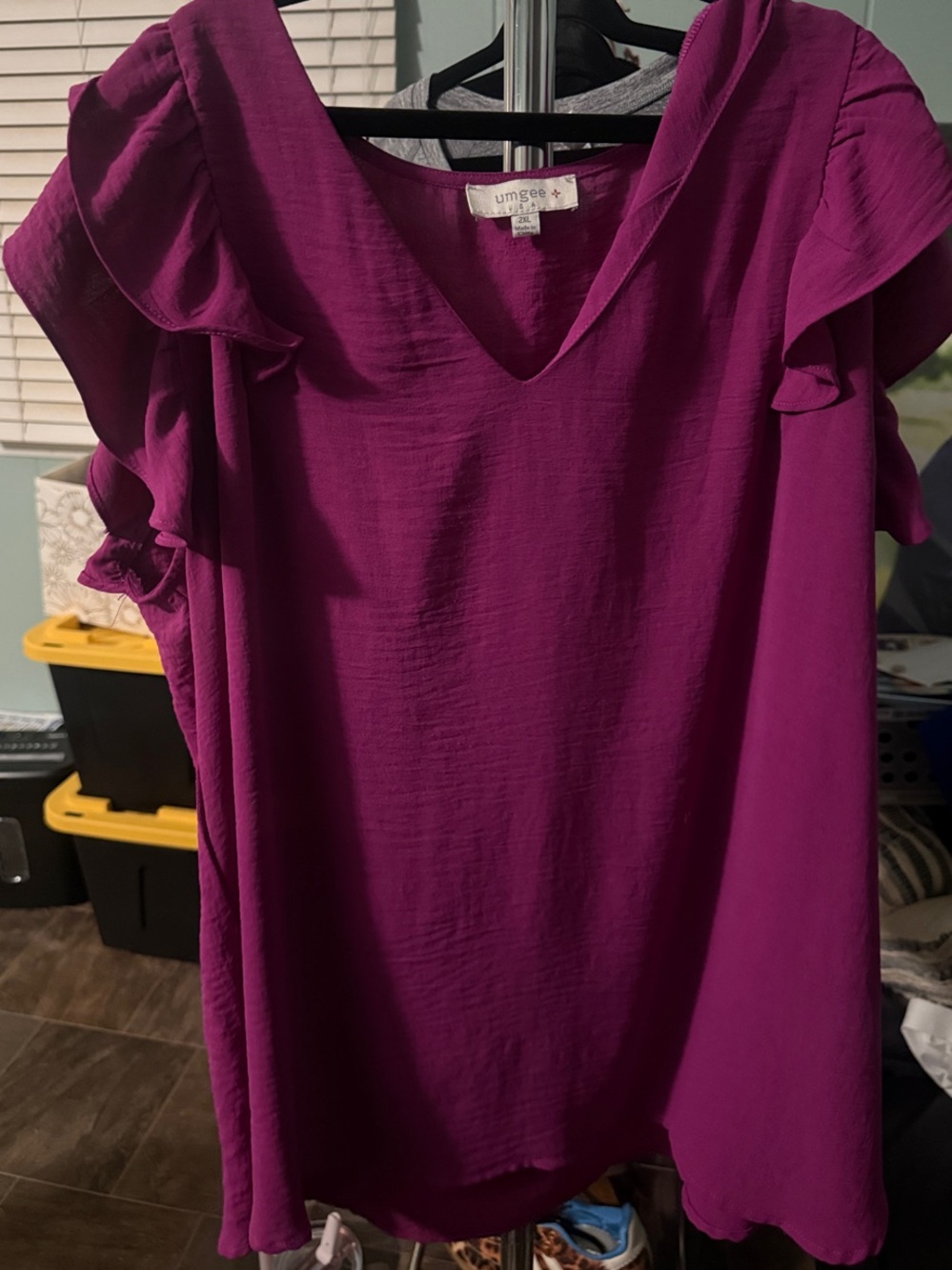 Umgee Fuchsia Ruffle Sleeve V-Neck Blouse